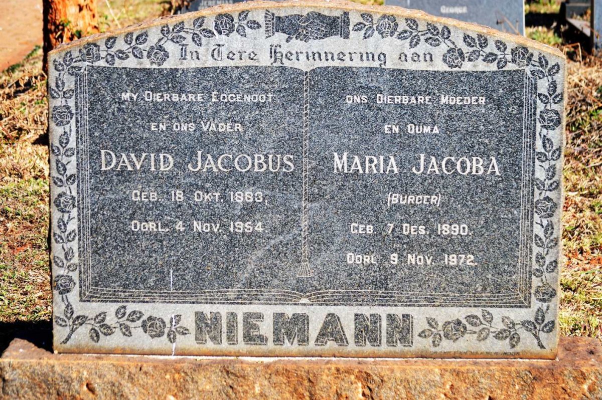 NIEMANN David Jacobus 1883-1954 &amp; Maria Jacoba BURGER 1890-1972
