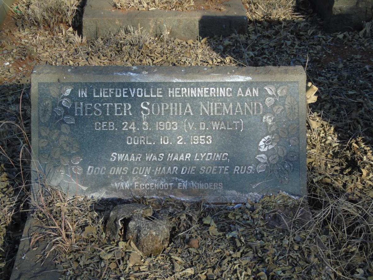 NIEMAND Hester Sophia nee V.D. WALT 1903-1953