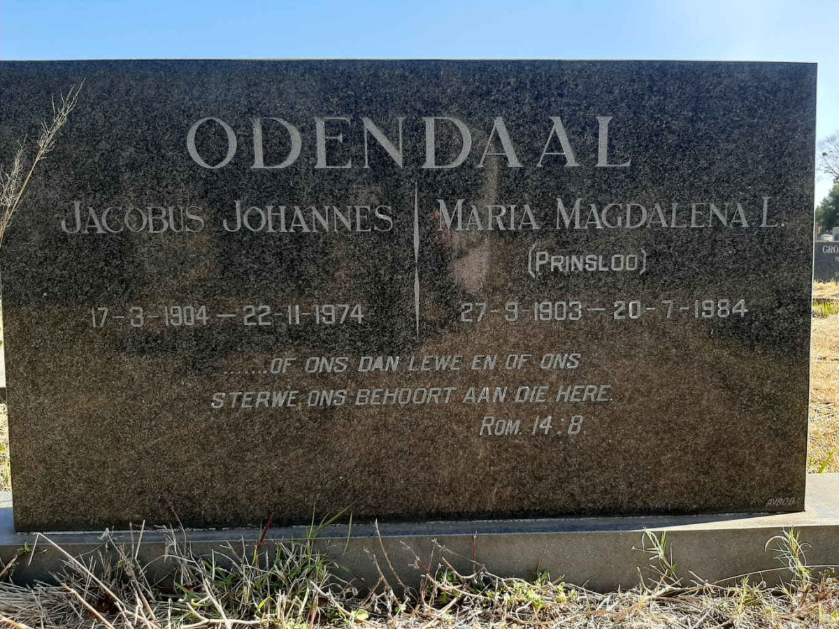 ODENDAAL Jacobus Johannes 1904-1974 &amp; Maria Magdalena L. PRINSLOO 1903-1984