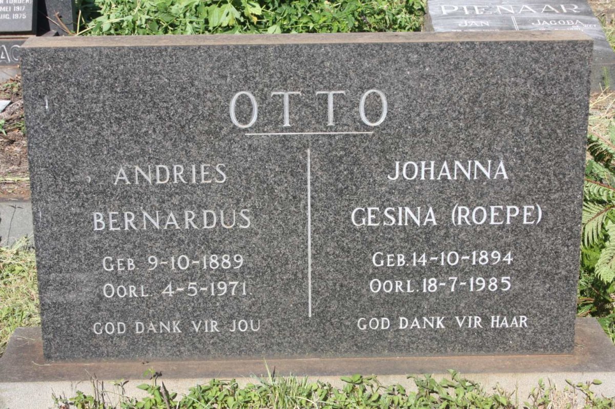 OTTO Andries Bernardus 1889-1971 &amp; Johanna Gesina ROEPE 1894-1985