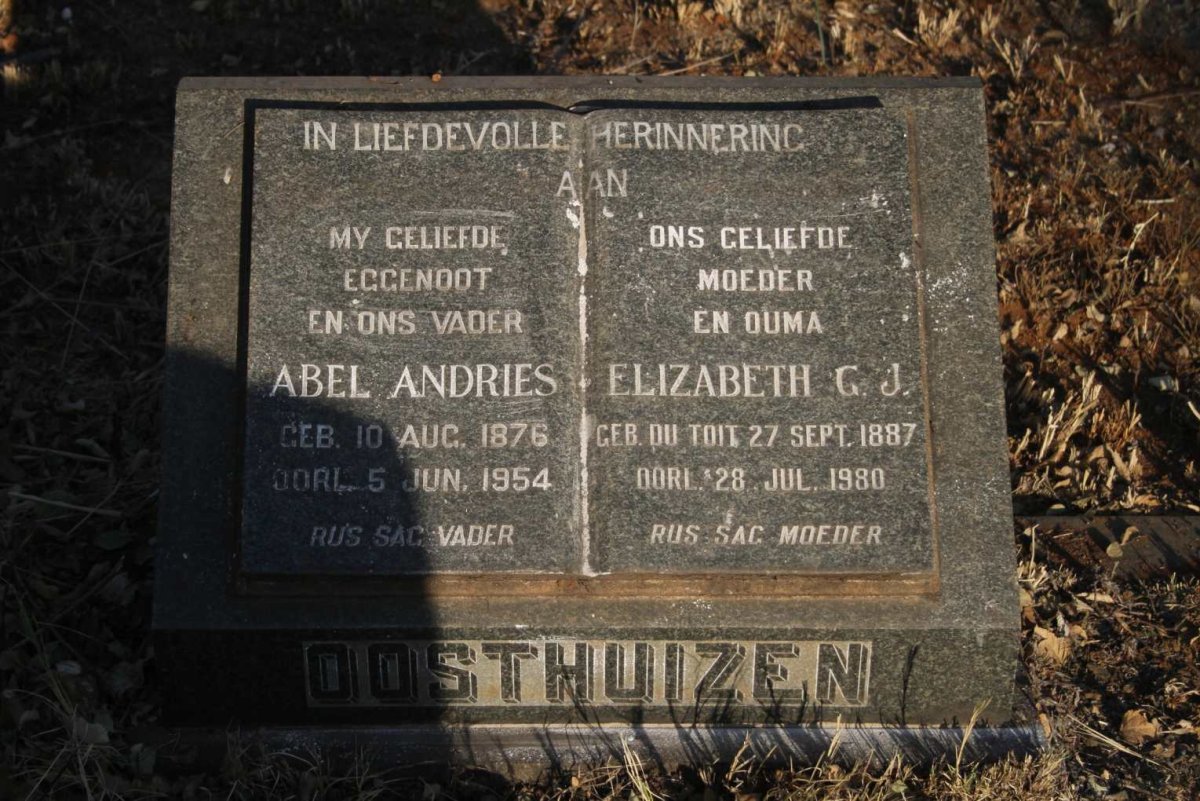 OOSTHUIZEN Abel Andries 1876-1954 & Elizabeth G.J. DU TOIT 1887-1980