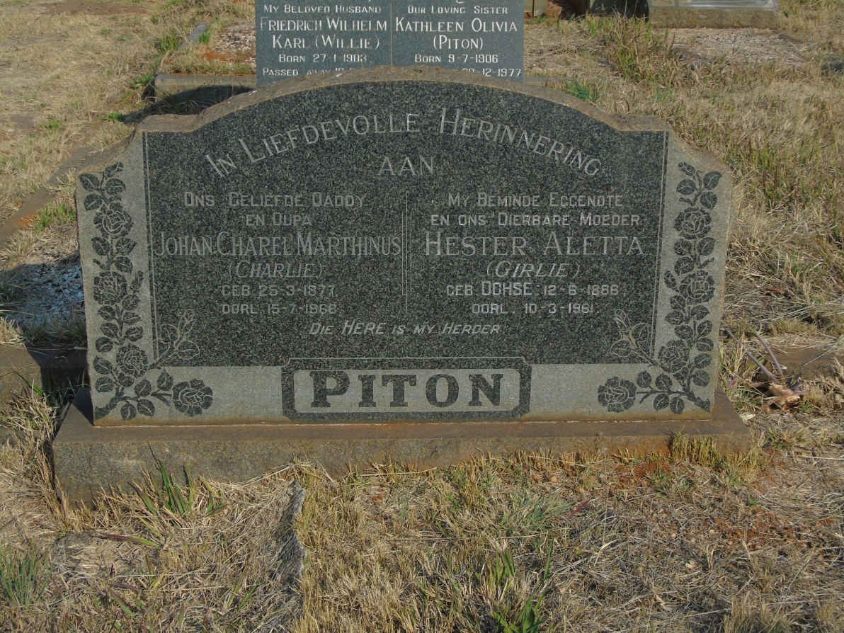PITON Johan Charel Marthinus 1877-1968 &amp; Hester Aletta OCHSE 1886-1961
