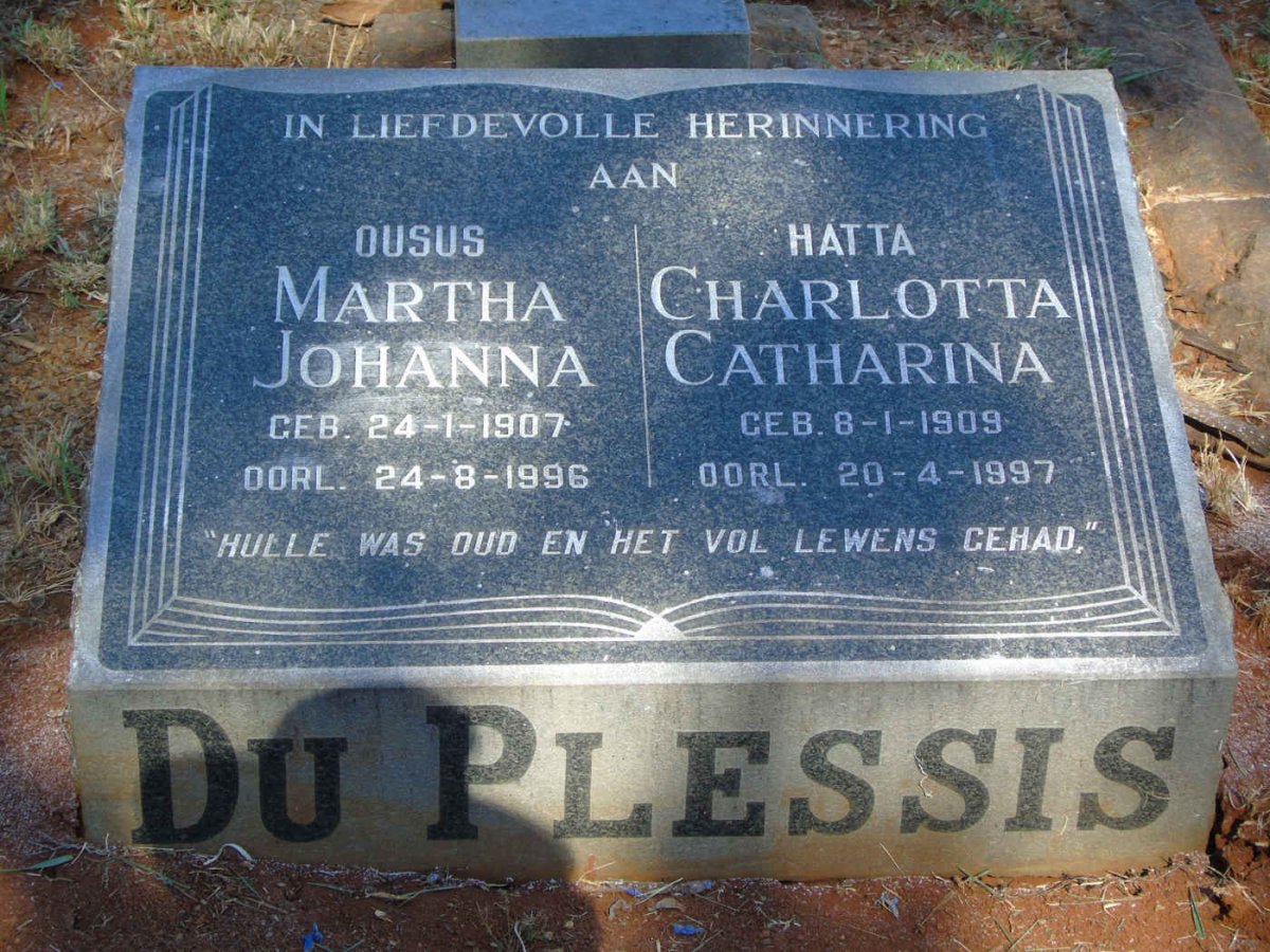 PLESSIS Martha Johanna, du 1907-1996 :: DU PLESSIS Charlotta Catharina 1909-1997