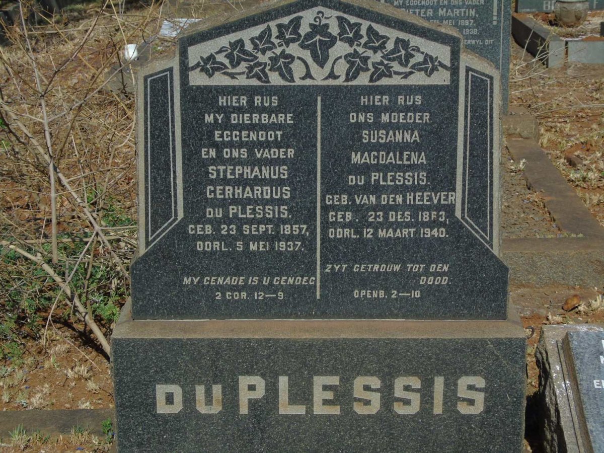 PLESSIS Stephanus Gerhardus, du 1857-1937 & Susanna Magdalena VAN DEN HEEVER 1863-1940