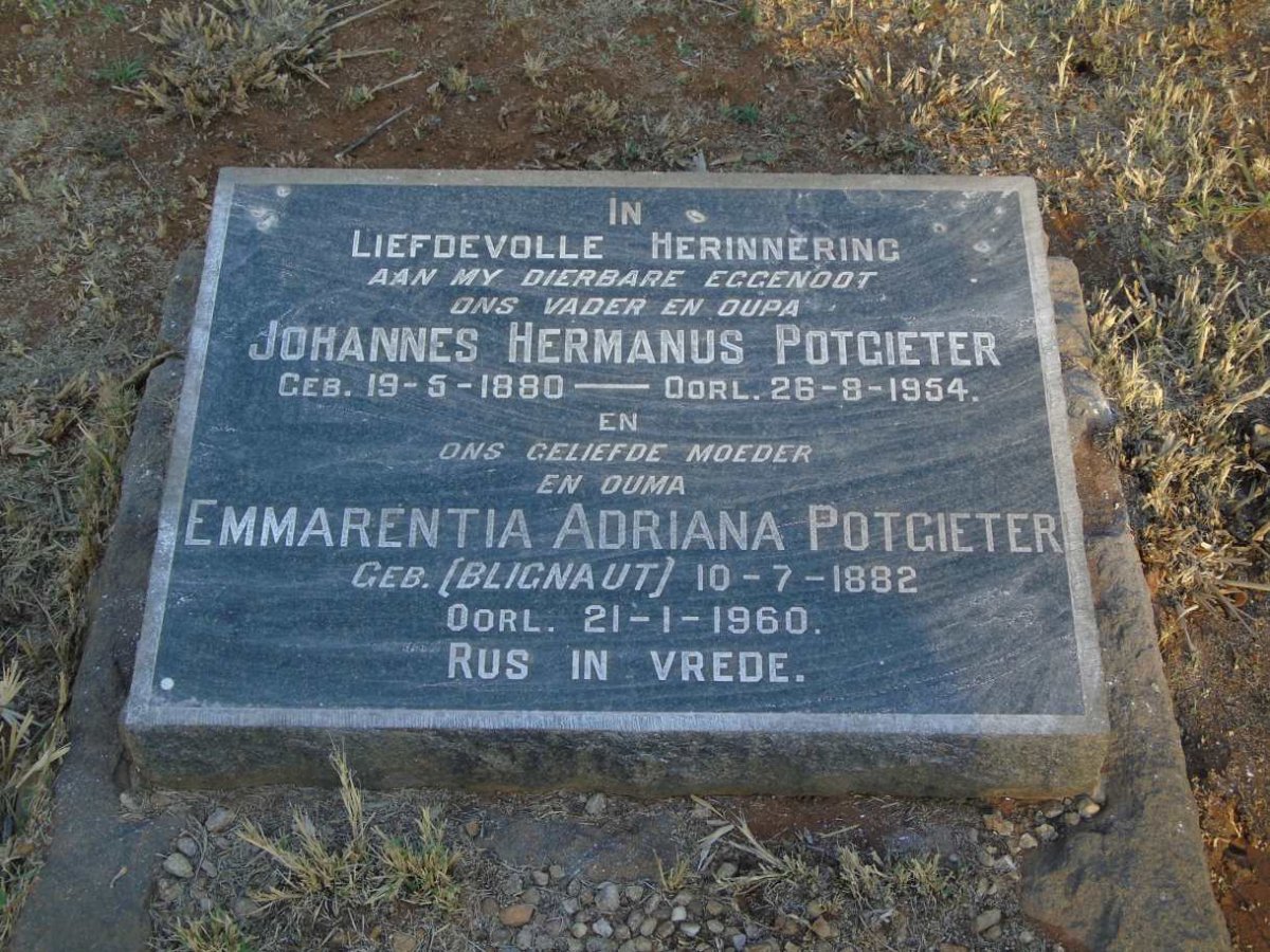 POTGIETER Johannes Hermanus 1880-1954 & Emmarentia Adriana BLIGNAUT 1882-1960