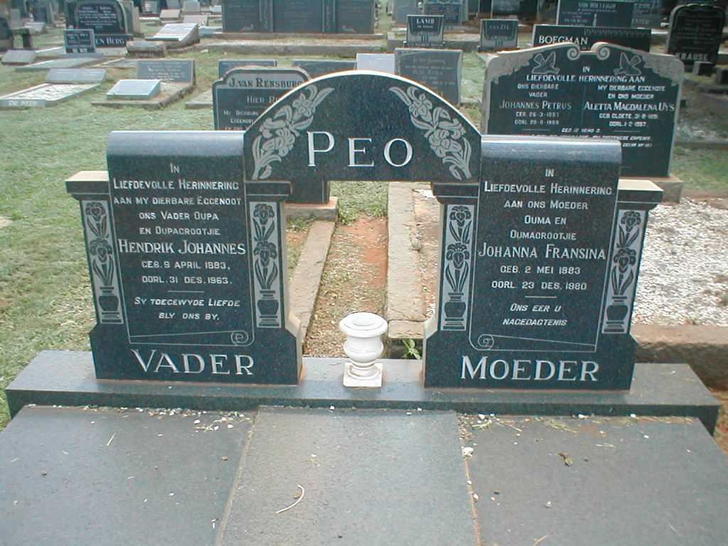 PEO Hendrik Johannes 1883-1963 &amp; Johanna Fransina 1883-1980