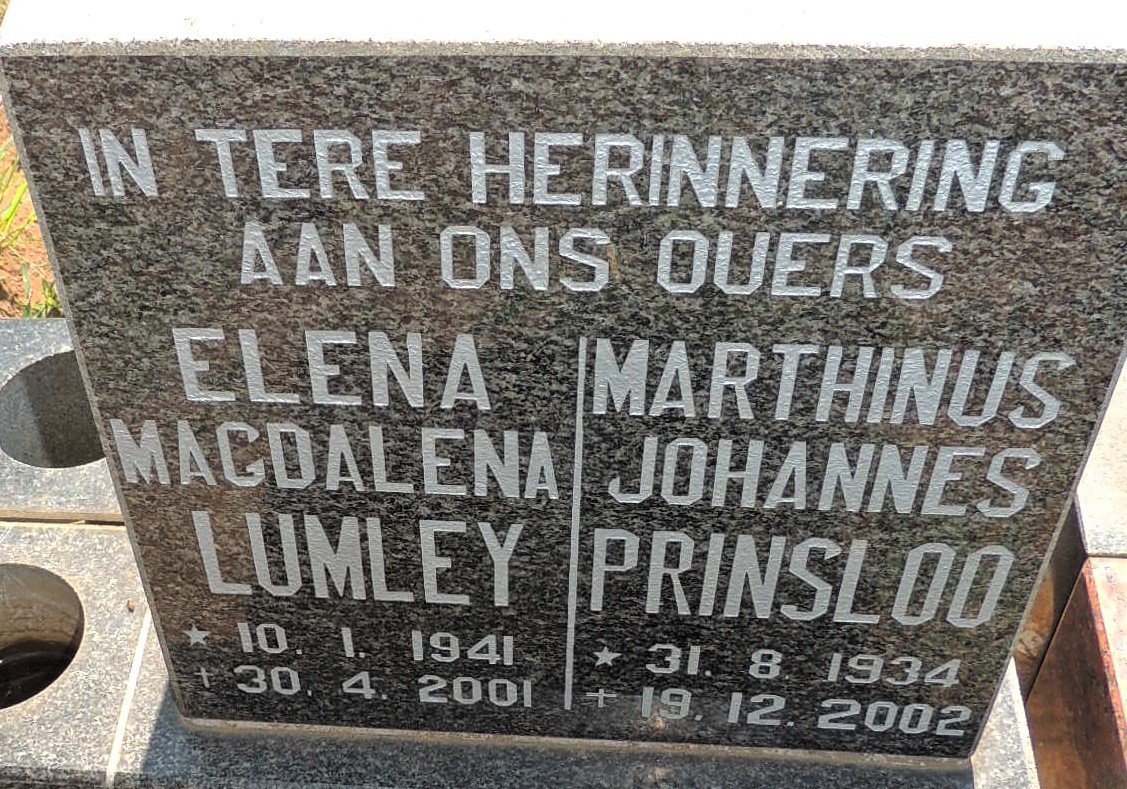 PRINSLOO Marthinus Johannes 1934-2002 & Elana Magdalena LUMLEY 1941-2001