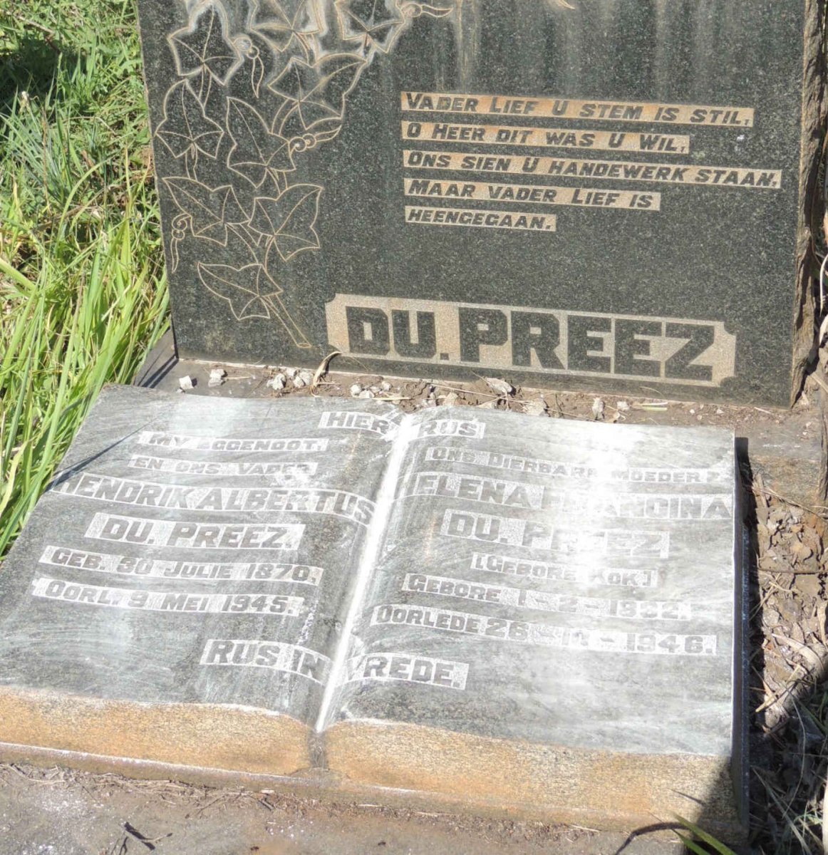 PREEZ Hendrik Albertus, du 1870-1945 &amp; Helena Francina KOK 1822-1946
