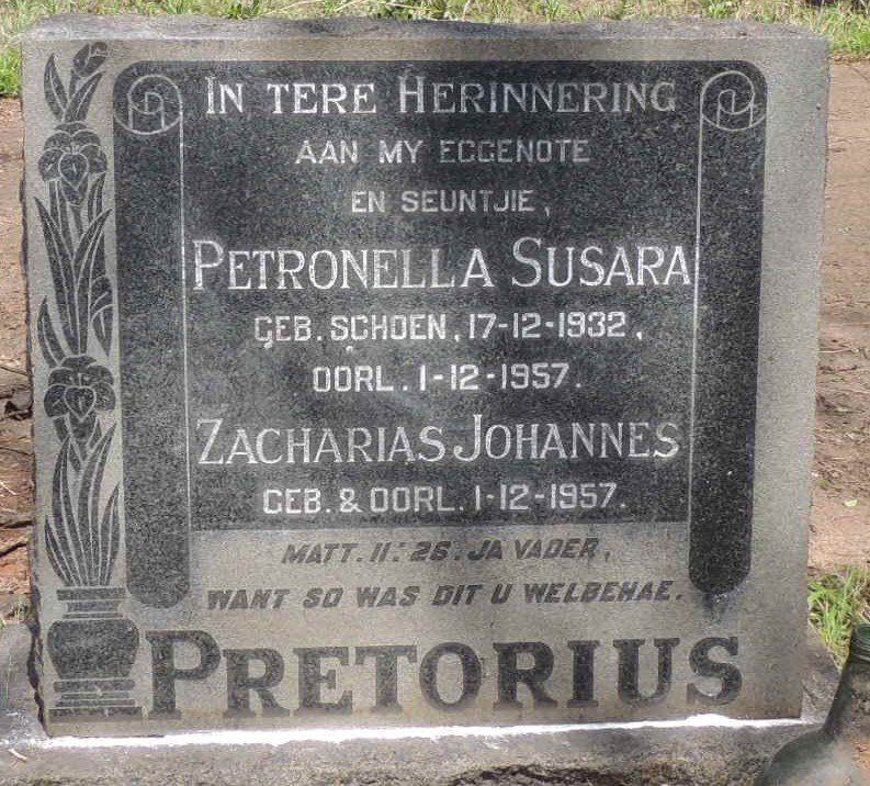 PRETORIUS Petronella Susara nee SCHOEN 1932-1957 :: PRETOIUS Zacharias Johannes  1957-1957