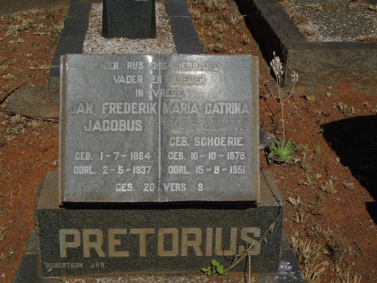 PRETORIUS Jan Frederik Jacobs 1864-1937 & Maria Catrina SCHOERIE 1878-1951