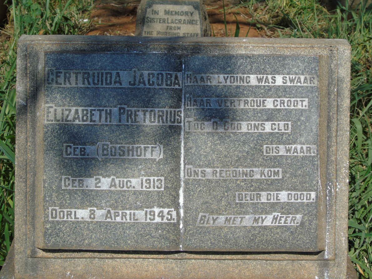 PRETORIUS Gertruida Jacoba Elizabeth nee BOSHOFF 1913-1945