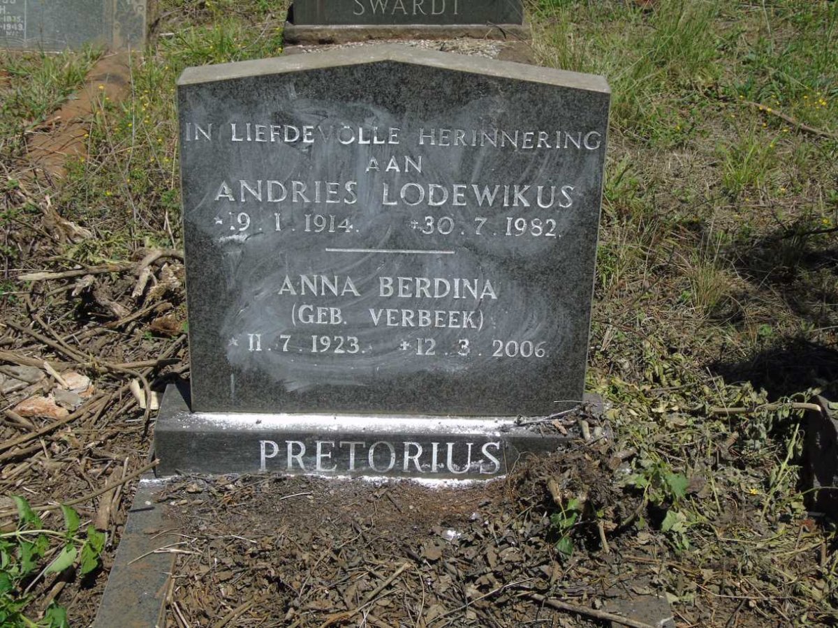 PRETORIUS Andries Lodewikus 1914-1982 & Anna Berdina VERBEEK 1923-2006