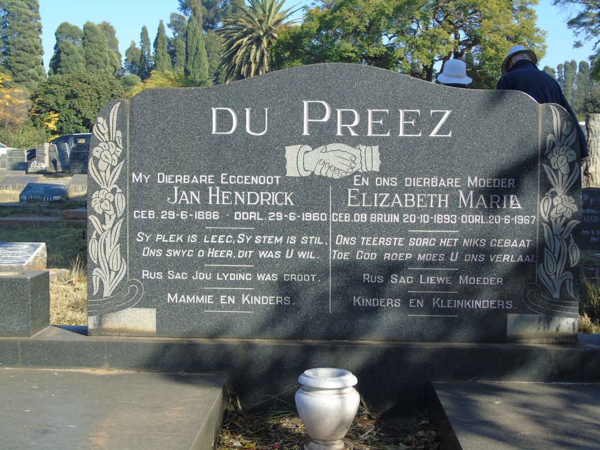 PREEZ Jan Hendrick, du 1886-1960 &amp; Elizabeth Maria DE BRUIN 1893-1967