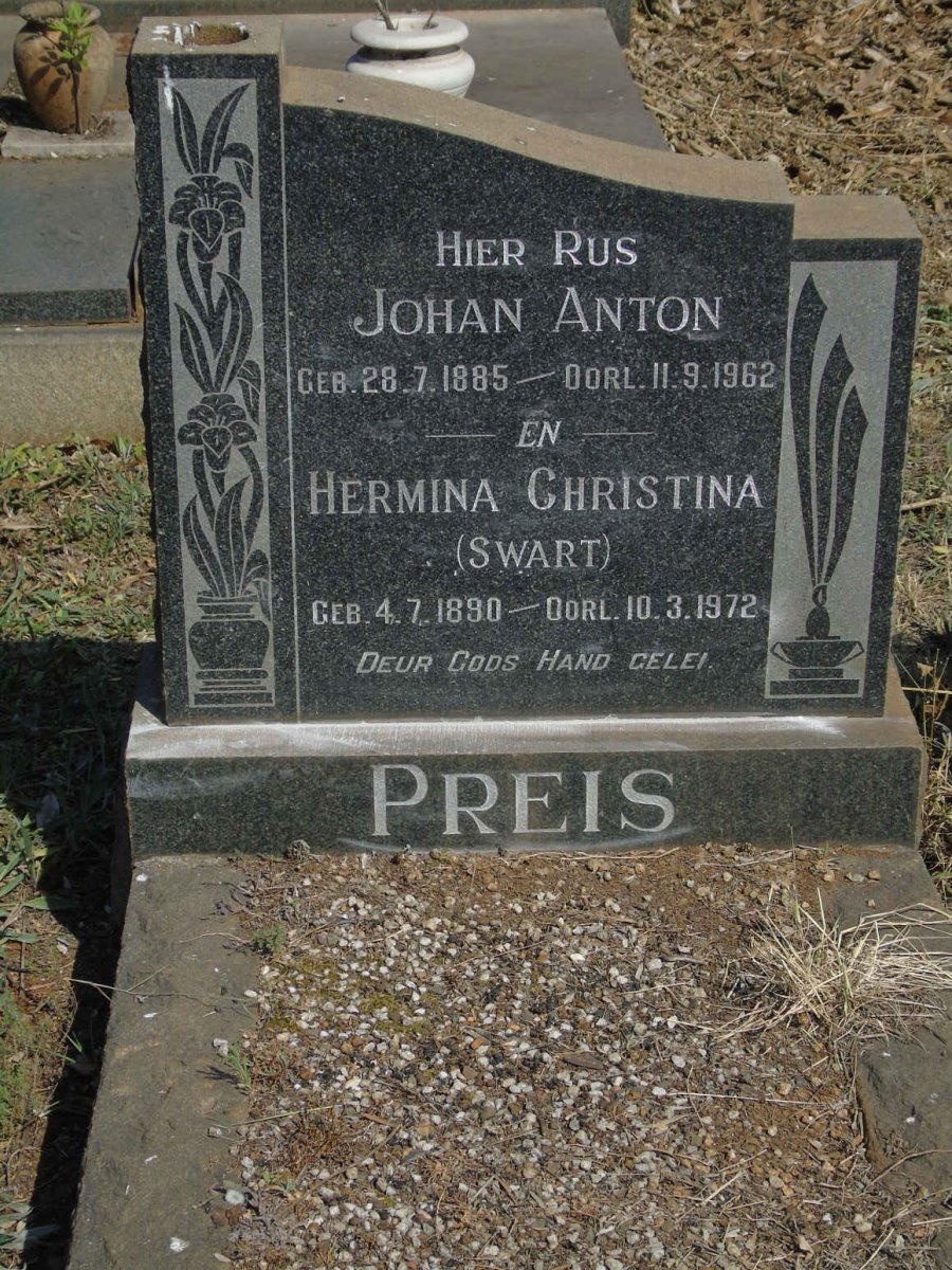 PREIS Johan Anton 1885-1962 &amp; Hermina Christina SWART 1890-1972