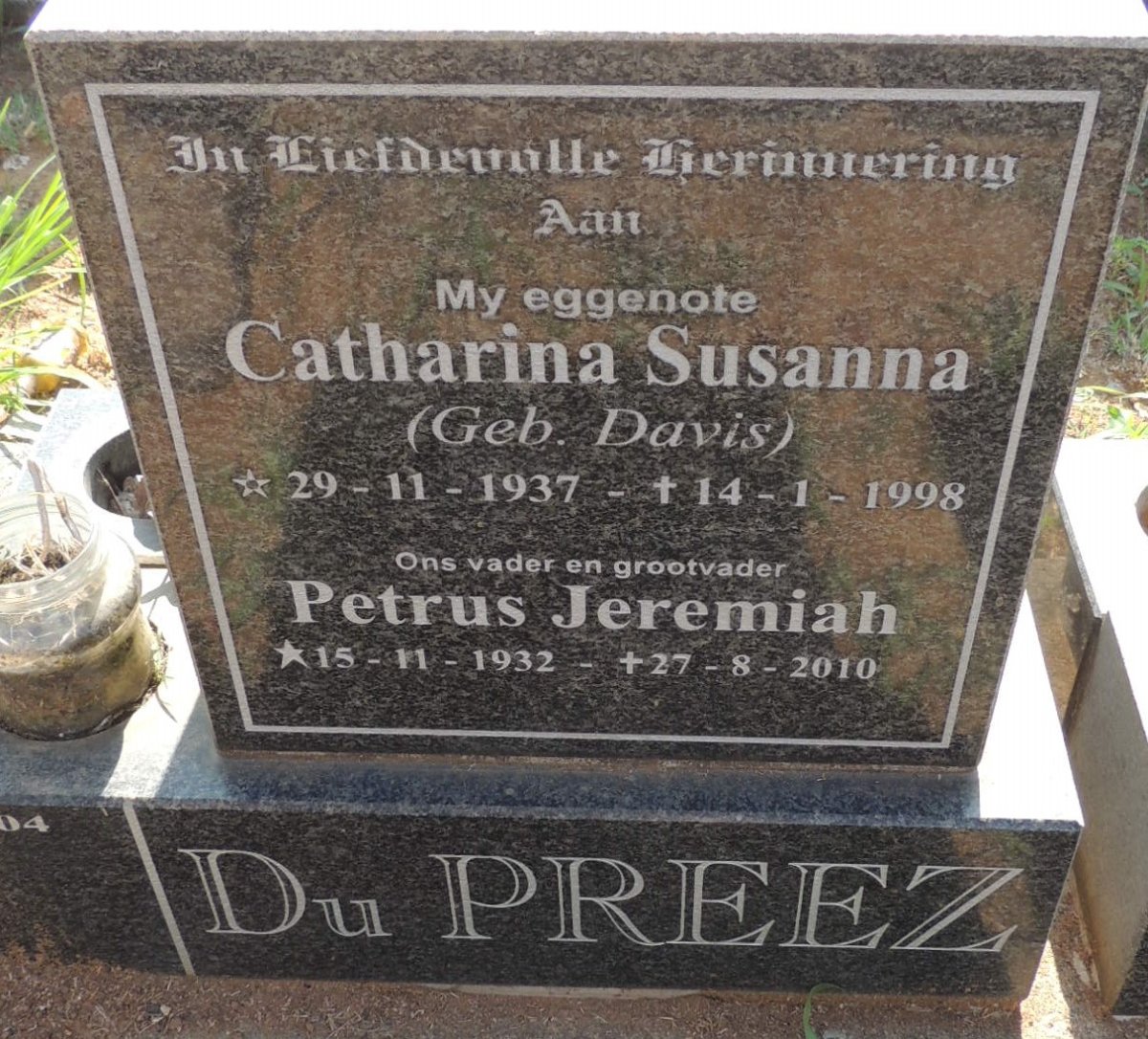 PREEZ Petrus Jeremiah, du 1932-201 & Catharina Susanna DAVIS 1937-1998