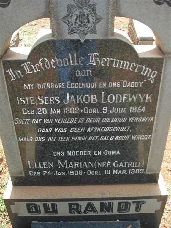 RANDT Jakob Lodewyk, du 1902-1954 &amp; Ellen Marian GATRILL 1906-1989