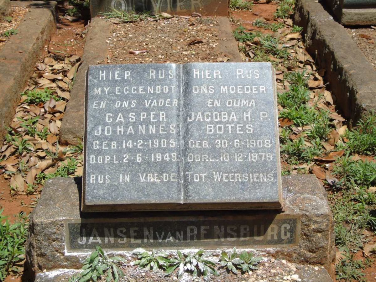 RENSBURG Casper Johannes, Jansen van 1905-1949 & Jacoba H.P. BOTES 1908-1979