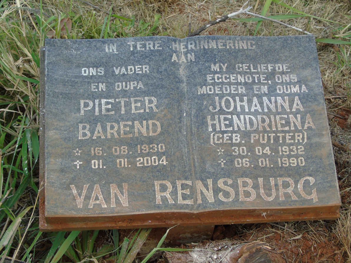RENSBURG Pieter Barend, Janse van 1930-2004 &amp; Johanna Hendriena PUTTER 1932-1990