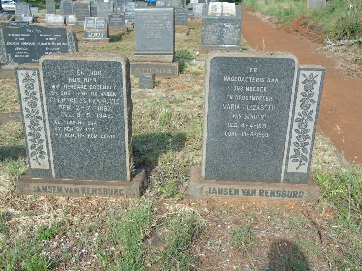 RENSBURG Gerhardus Francois, Jansen van  1867-1945 &amp; Maria Elizabeth VAN STADEN 1871-1959