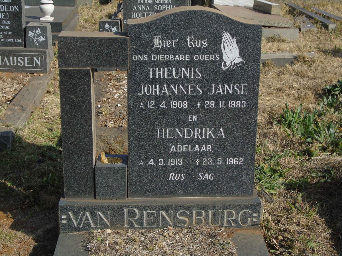 RENSBURG Theunis Johannes, Janse van 1908-1983 &amp; Hendrika ADELAAR 1913-1962