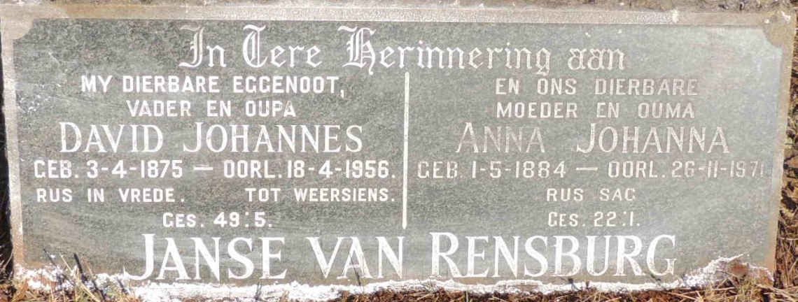 RENSBURG David Johannes, Janse van 1875-1956 & Anna Johanna 1884-1971