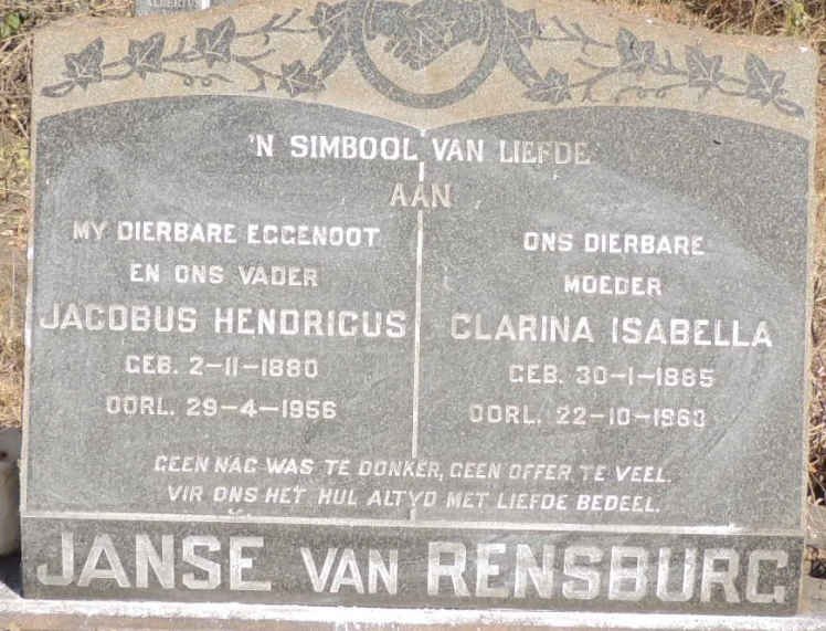 RENSBURG Jacobus Hendricus, Janse van 1880-1956 & Clarina Isabella 1885-1963