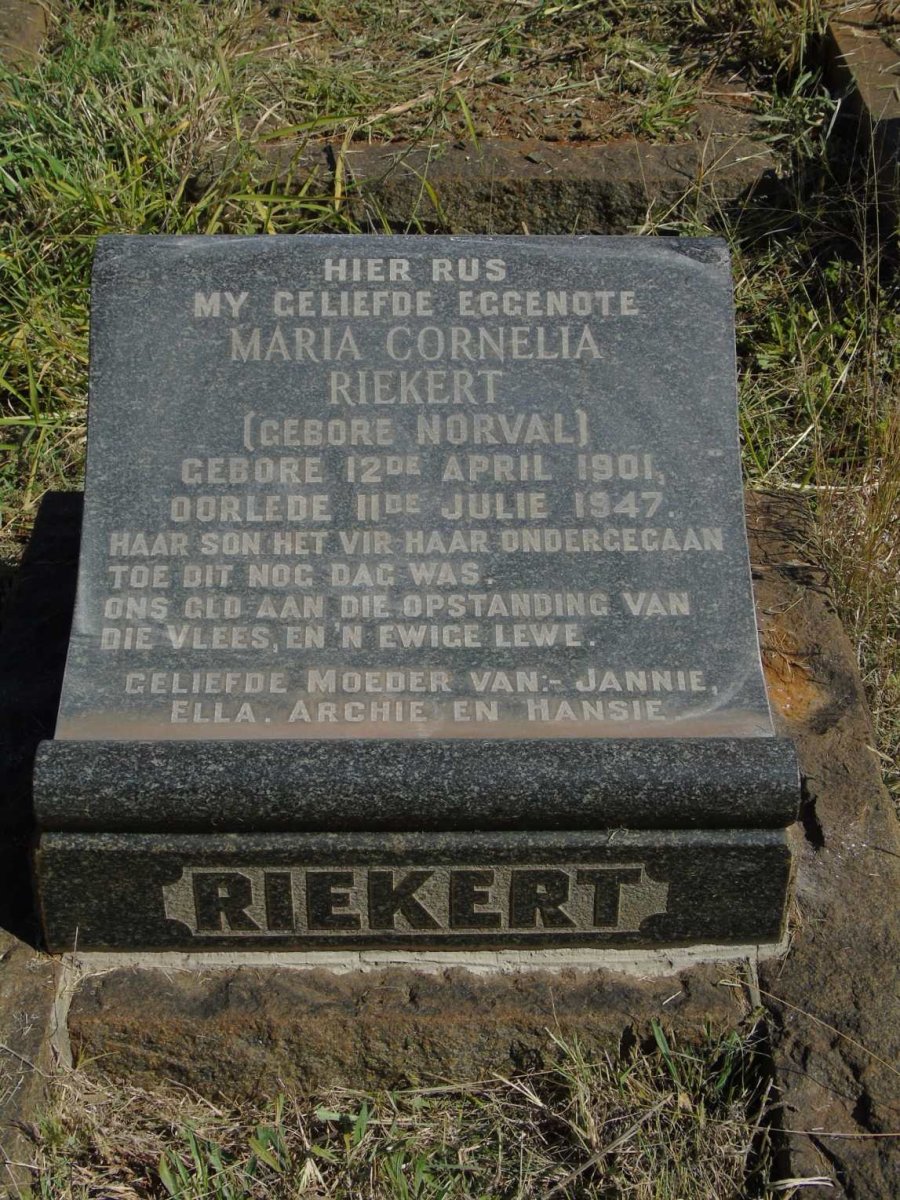 RIEKERT Maria Cornelia nee NORVAL 1901-1947