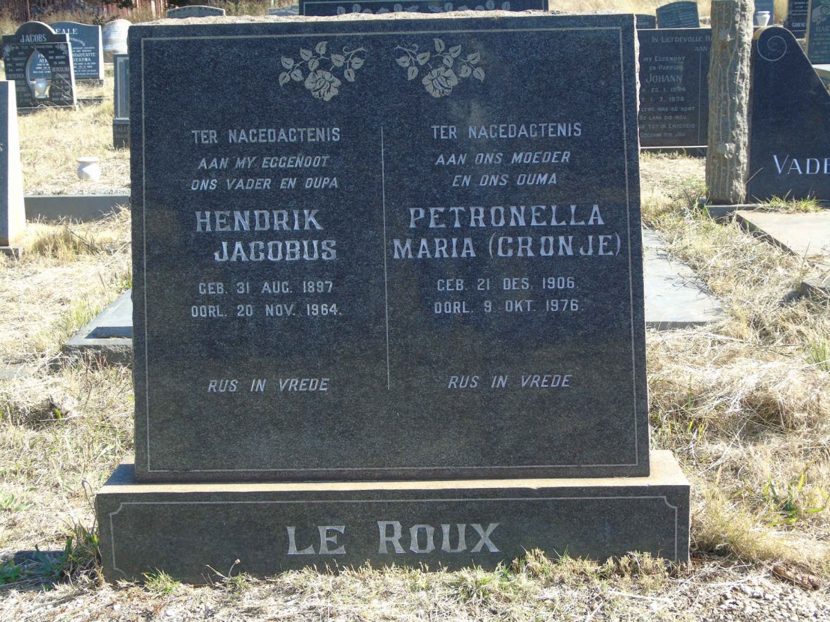 ROUX Hendrik Jacobus, le 1897-1964 &amp; Petronella Maria CRONJE 1906-1976