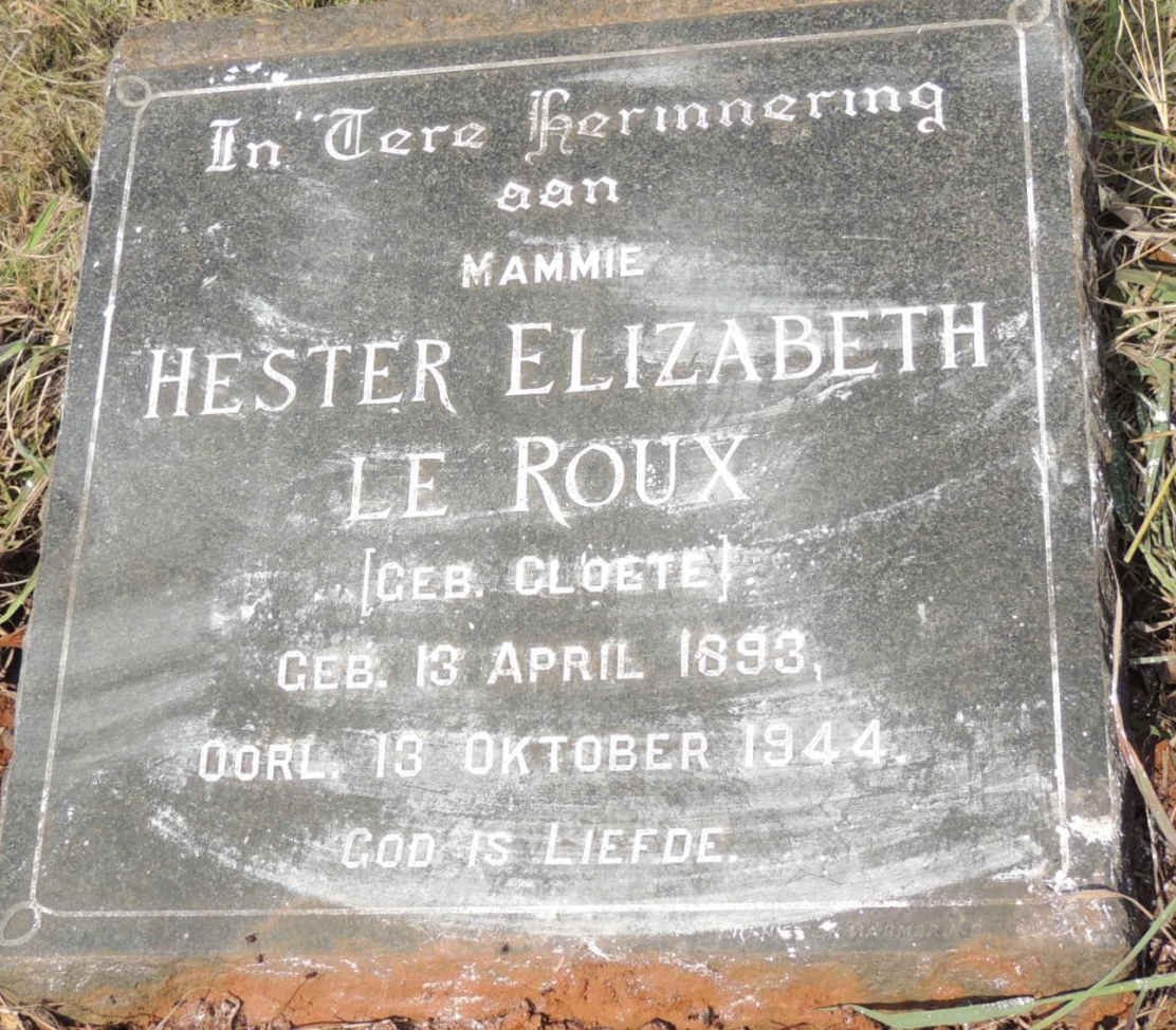 ROUX Hester Elizabeth, le nee CLOETE 1893-1944