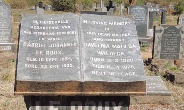 ROUX Gabriel Johannes, Le 1894-1939 &amp; Davelina Matilda, nee WALDECK 1900-1978