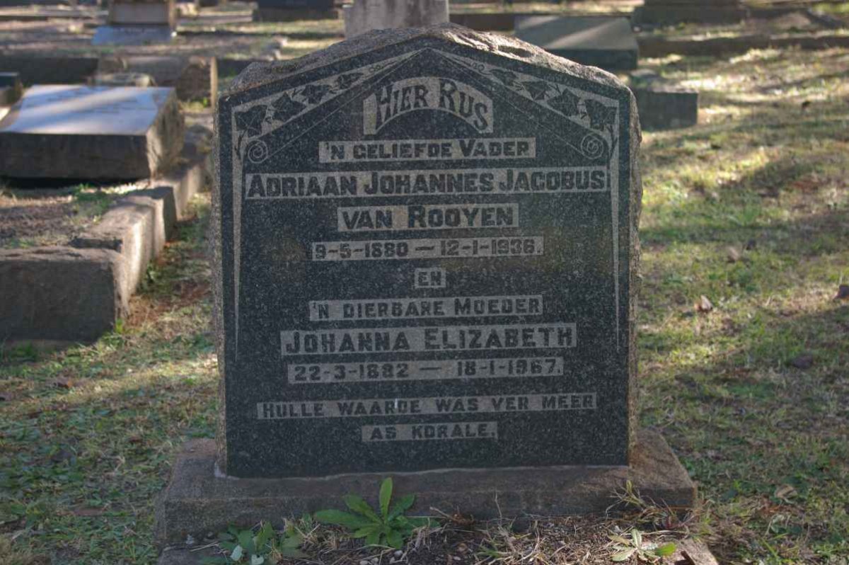 ROOYEN Adriaan Johannes Jacobus, van 1880-1936 &amp; Johanna Elizabeth 1882-1967