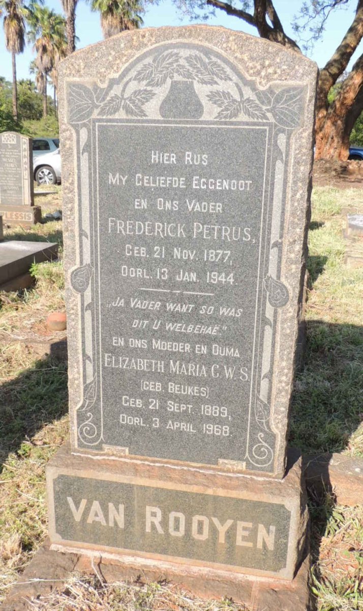 ROOYEN Frederick Petrus, van 1877-1944 &amp; Elizabeth Maria C.W.S. BEUKES 1889-1968