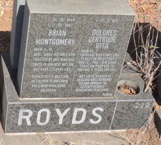ROYDS Brian Montgomery 1944-1997 & Dolores Gertrude Rita 1941- 