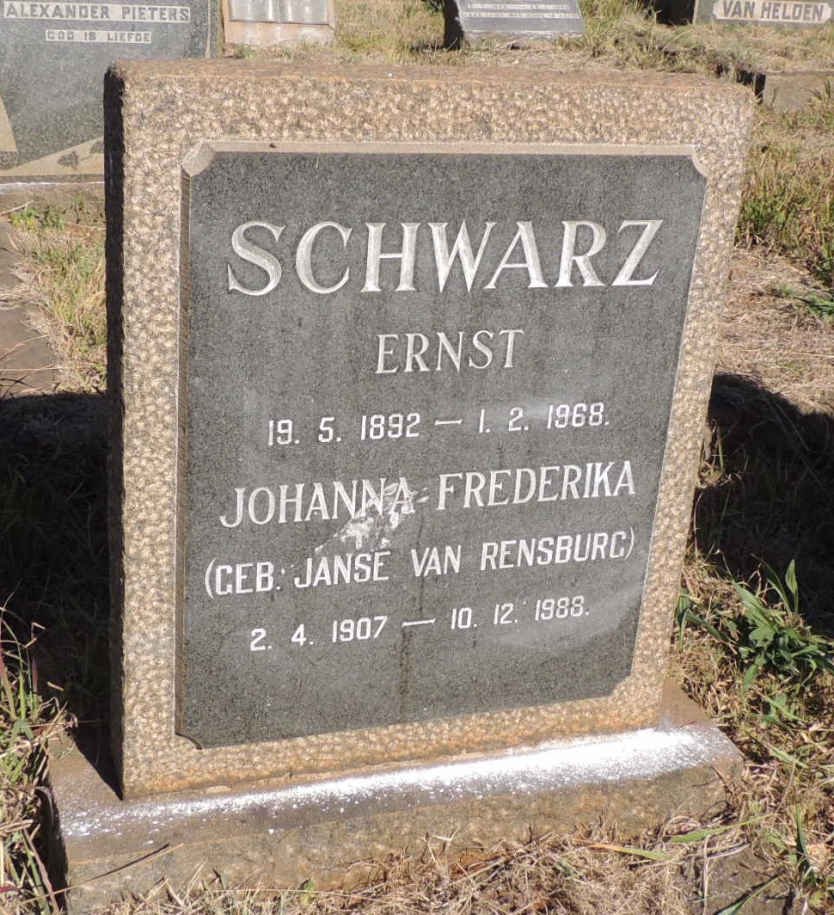 SCHWARZ Ernst 1892-1968 &amp; Johanna Frederika JANSE VAN RENSBURG  1907-1988
