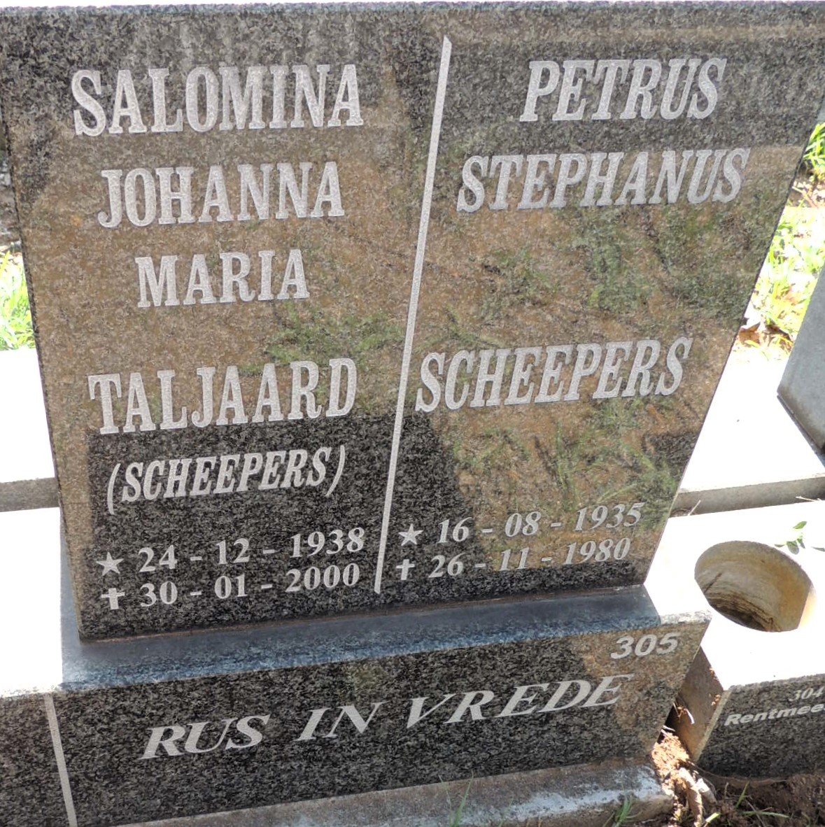 SCHEEPERS Petrus Stephanus 1935-1980 :: TALJAARD Salomina Johanna Maria nee SCHEEPERS 1938-2000