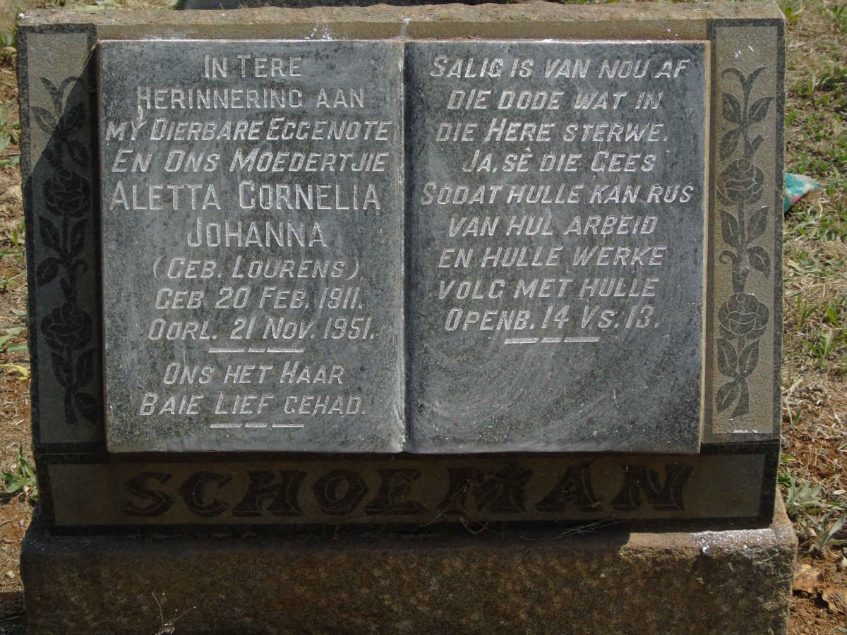 SCHOEMAN Aletta Cornelia Johanna nee LOURENS 1911-1951