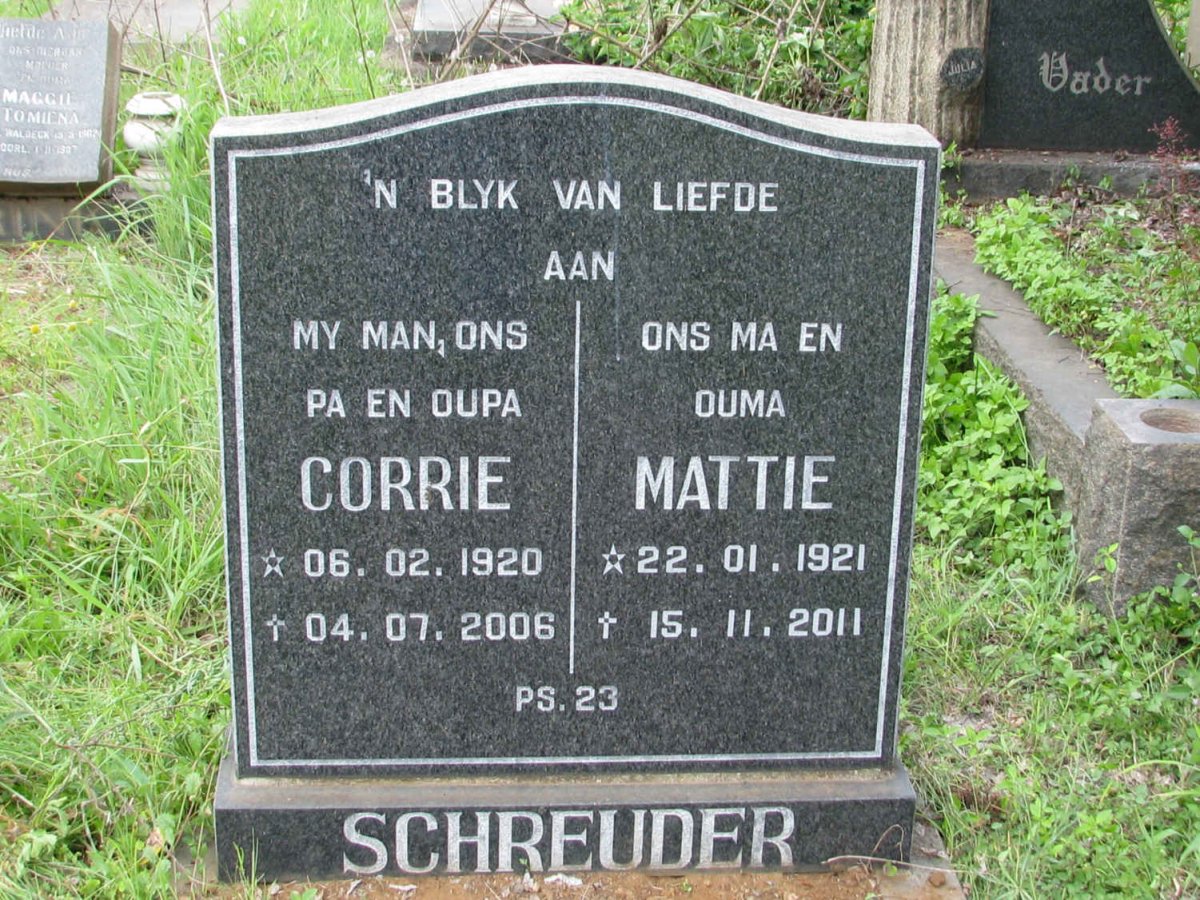SCHREUDER Corrie 1920-2006 &amp; Mattie 1921-2011