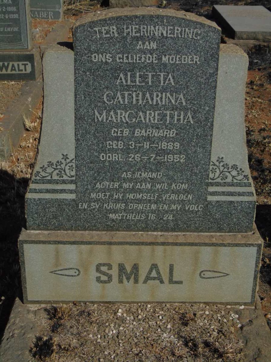SMAL Aletta Catharina Margaretha  nee BARNARD 1889-1952
