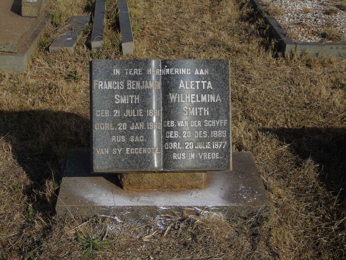 SMITH Francis Benjamin 1891-1962 &amp; Aletta Wilhelmina VAN DER SCHYFF 1889-1977