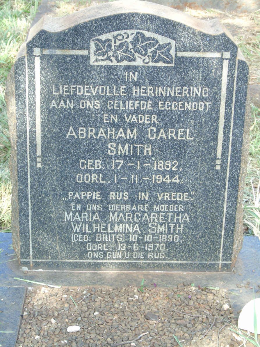 SMITH Abraham Carel 1892-1944 &amp; Maria Margaretha BRITS 1890-1970