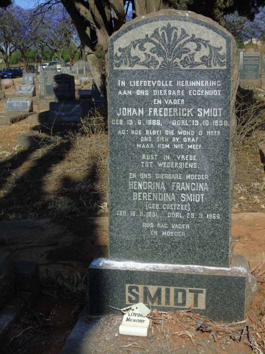 SMIDT Johan Frederick 1886-1938 & Hendrina Francina Berendina COETZEE 1891-1966