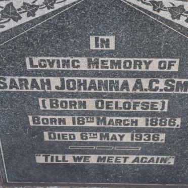 SMITH Sarah Johanna A.C. nee OELOFSE 1886-1936