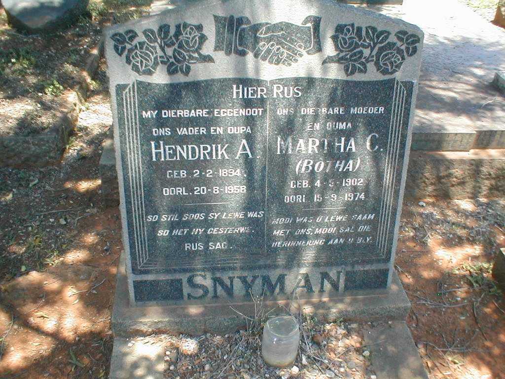 SNYMAN Hendrik A. 1894-1958 &amp; Martha C. BOTHA 1902-1974