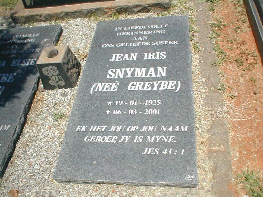 SNYMAN Jean Iris nee GREYBE 1925-2001