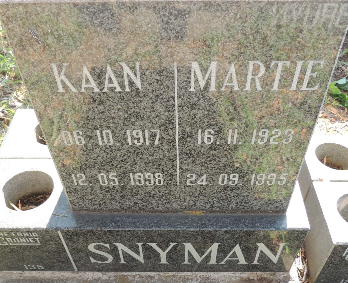 SNYMAN Kaan 1917-1998 & Martie 1923-1995