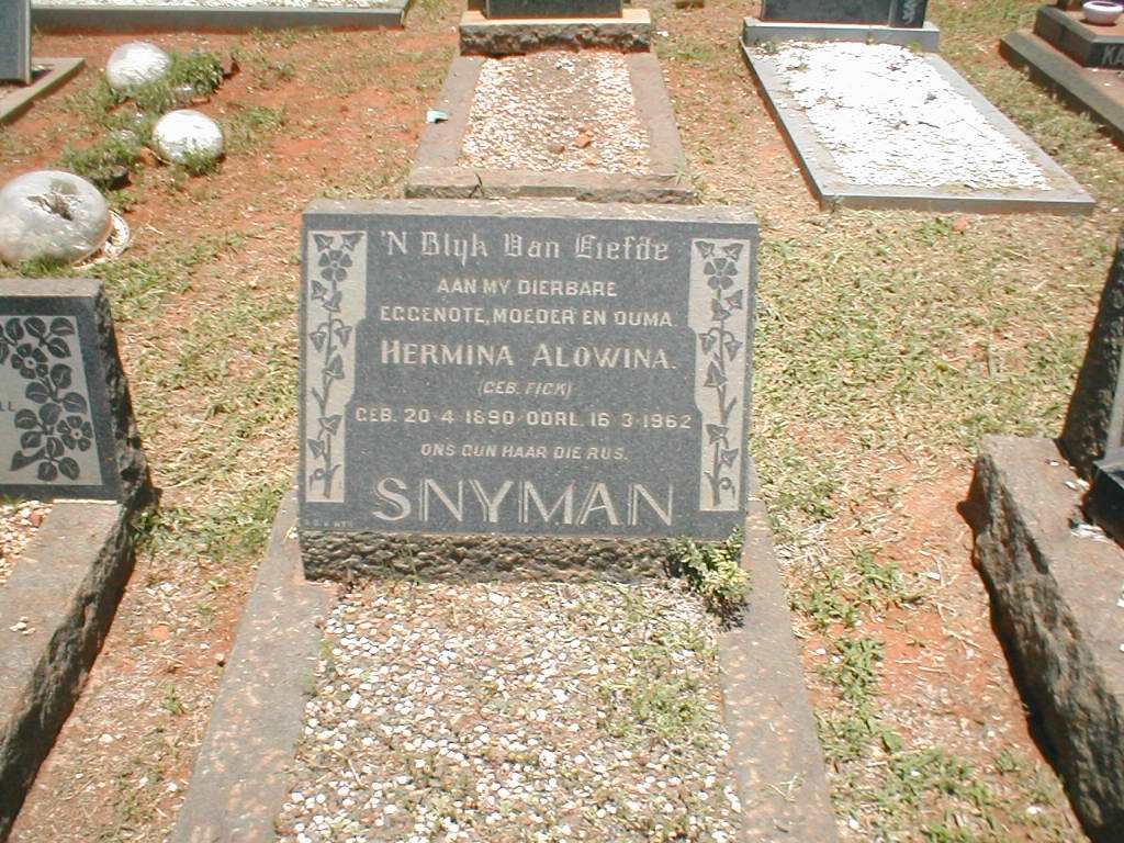 SNYMAN Hermina Alowina geb. FICK 1890-1962