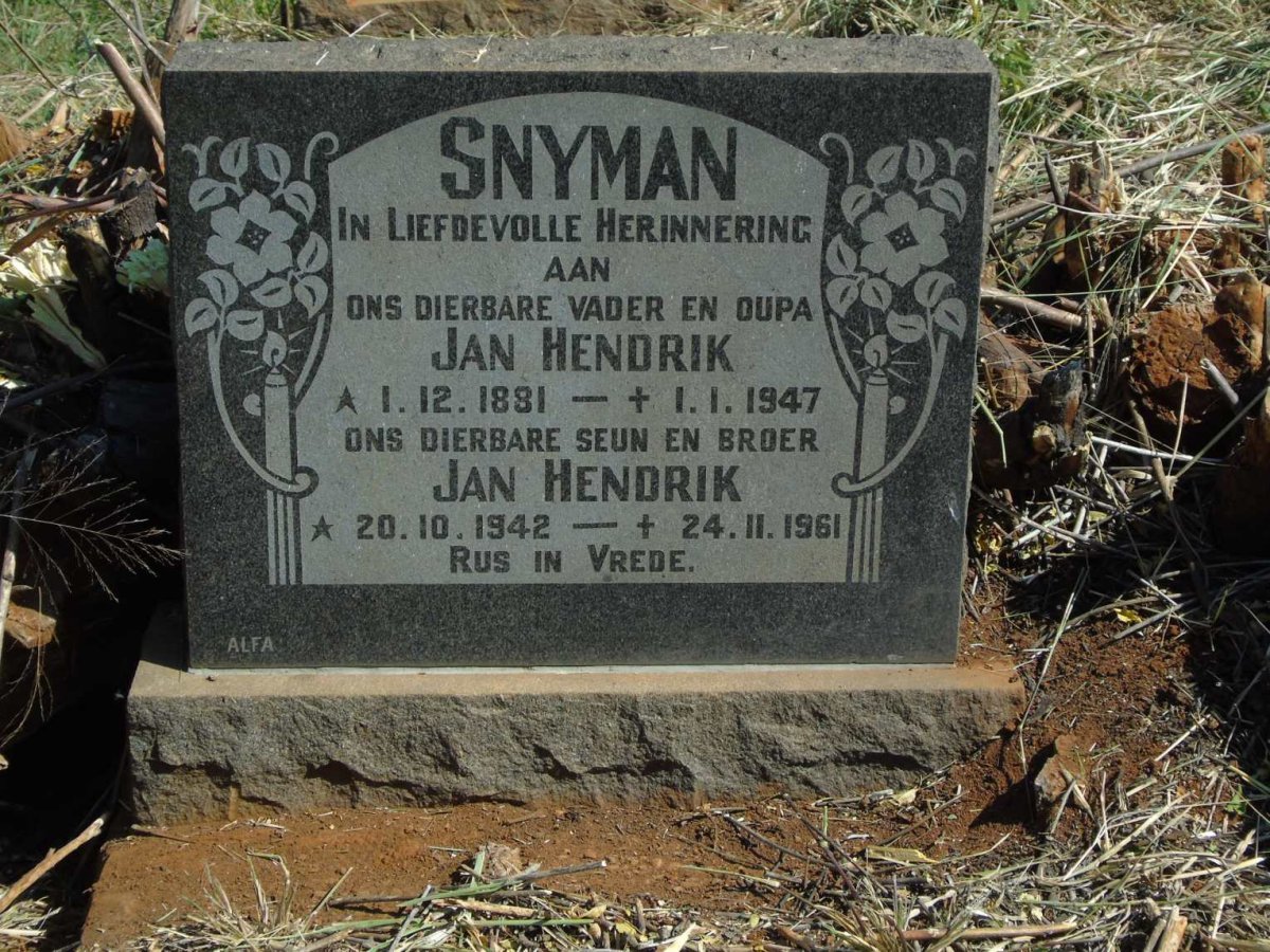 SNYMAN Jan Hendrik 1881-1947 :: SNYMAN Jan Hendrik 1942-1961