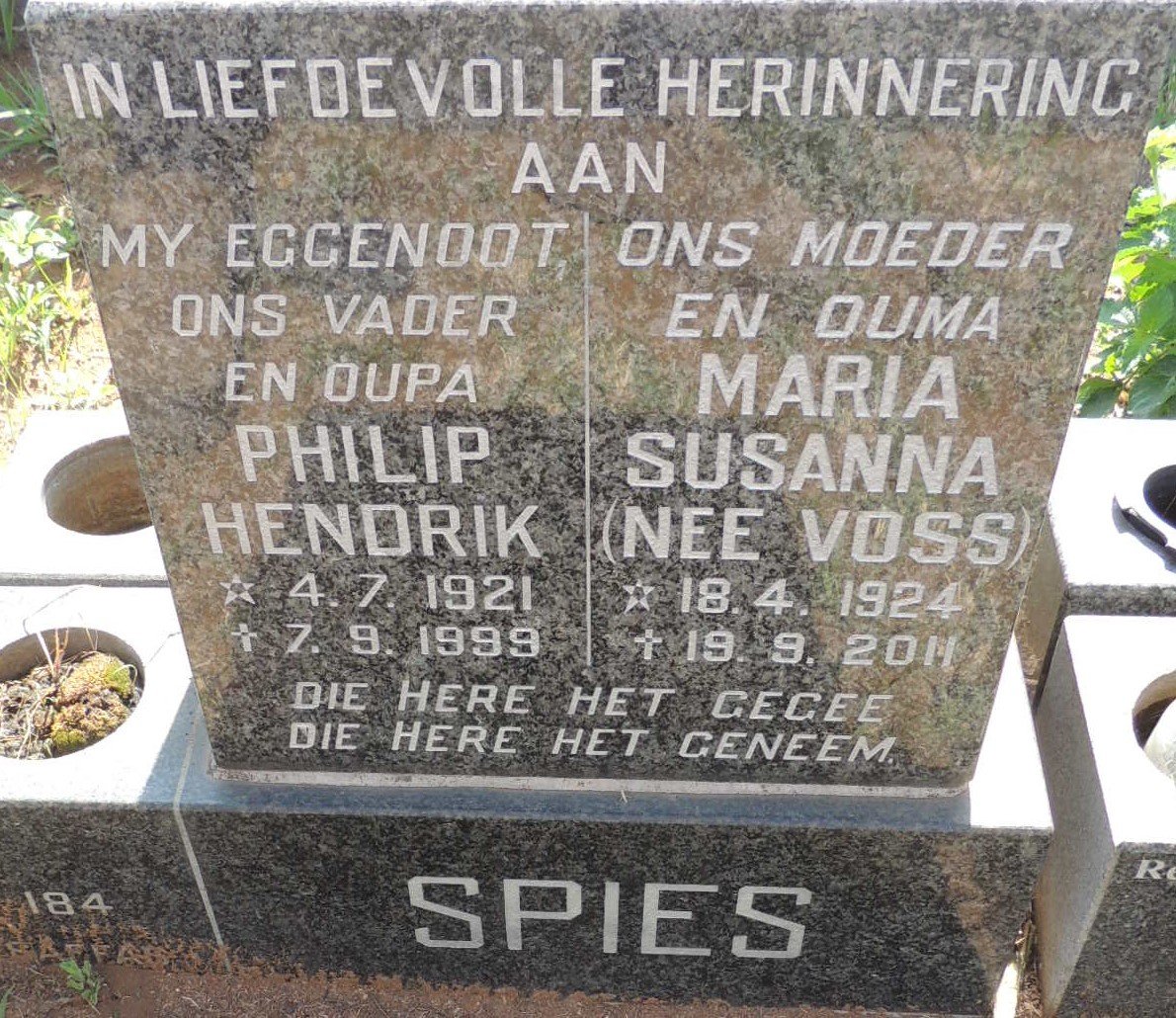 SPIES Philip Hendrik 1921-1999 & Maria Susanna VOSS 1924-2011