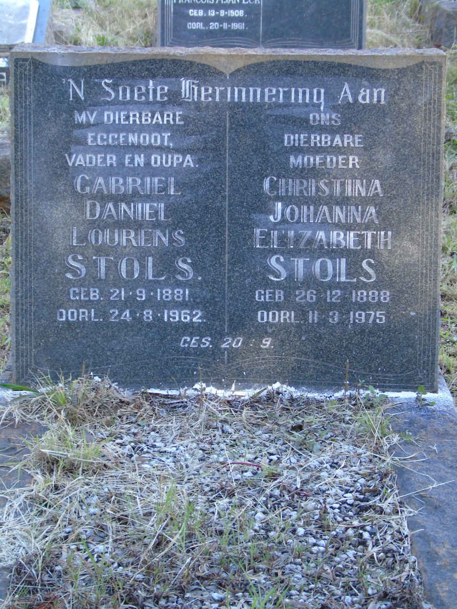 STOLS Gabriel Daniel Lourens 1881-1962 &amp; Christina Johanna Elizabeth 1888-1975