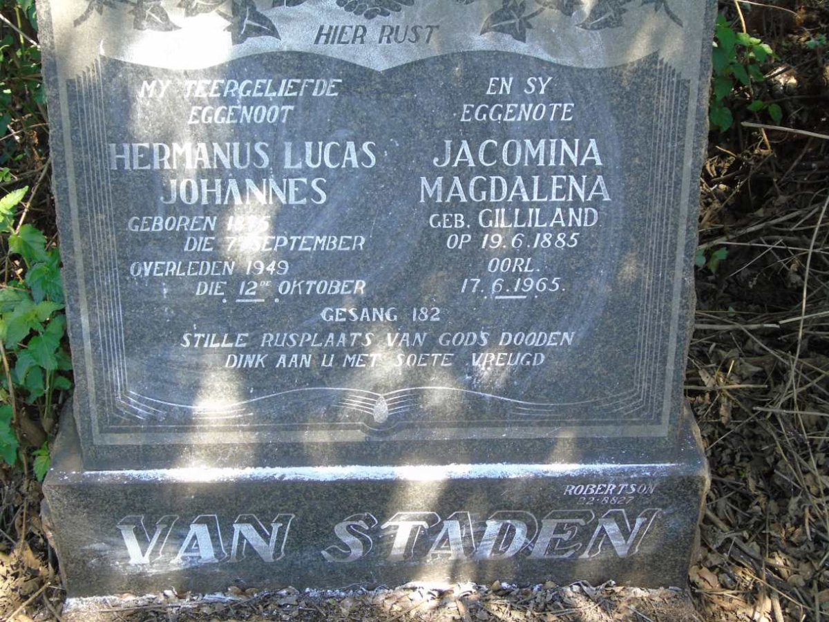 STADEN Hermanus Lucas Johannes, van 1875-1949 & Jacomina Magdalena GILLILAND 1885-1965